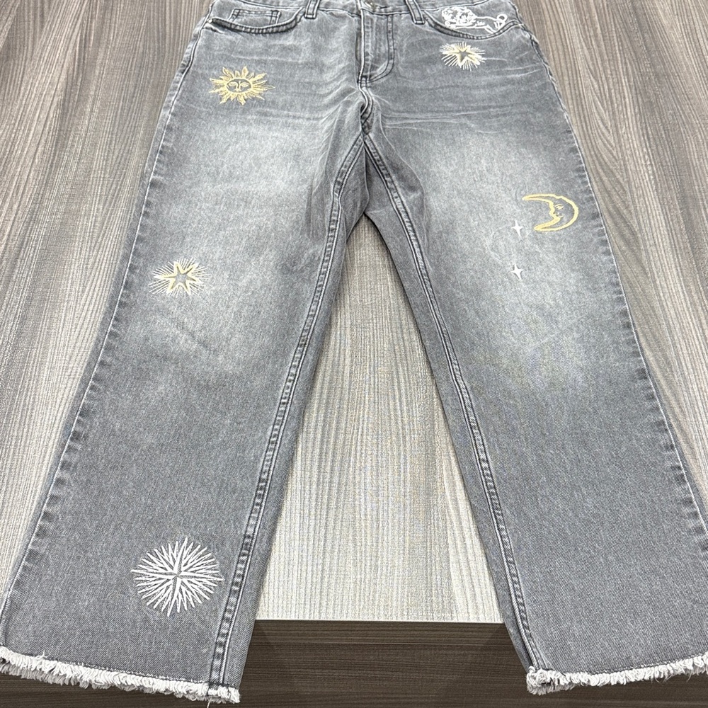 Desigual Gray Jeans with Sun and Moon Embroidery